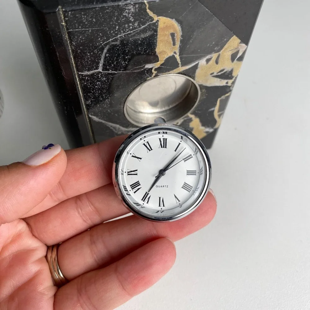 Vintage Marble Book Desk Clock Black Gold Veined Quartz Roman Numeral Office